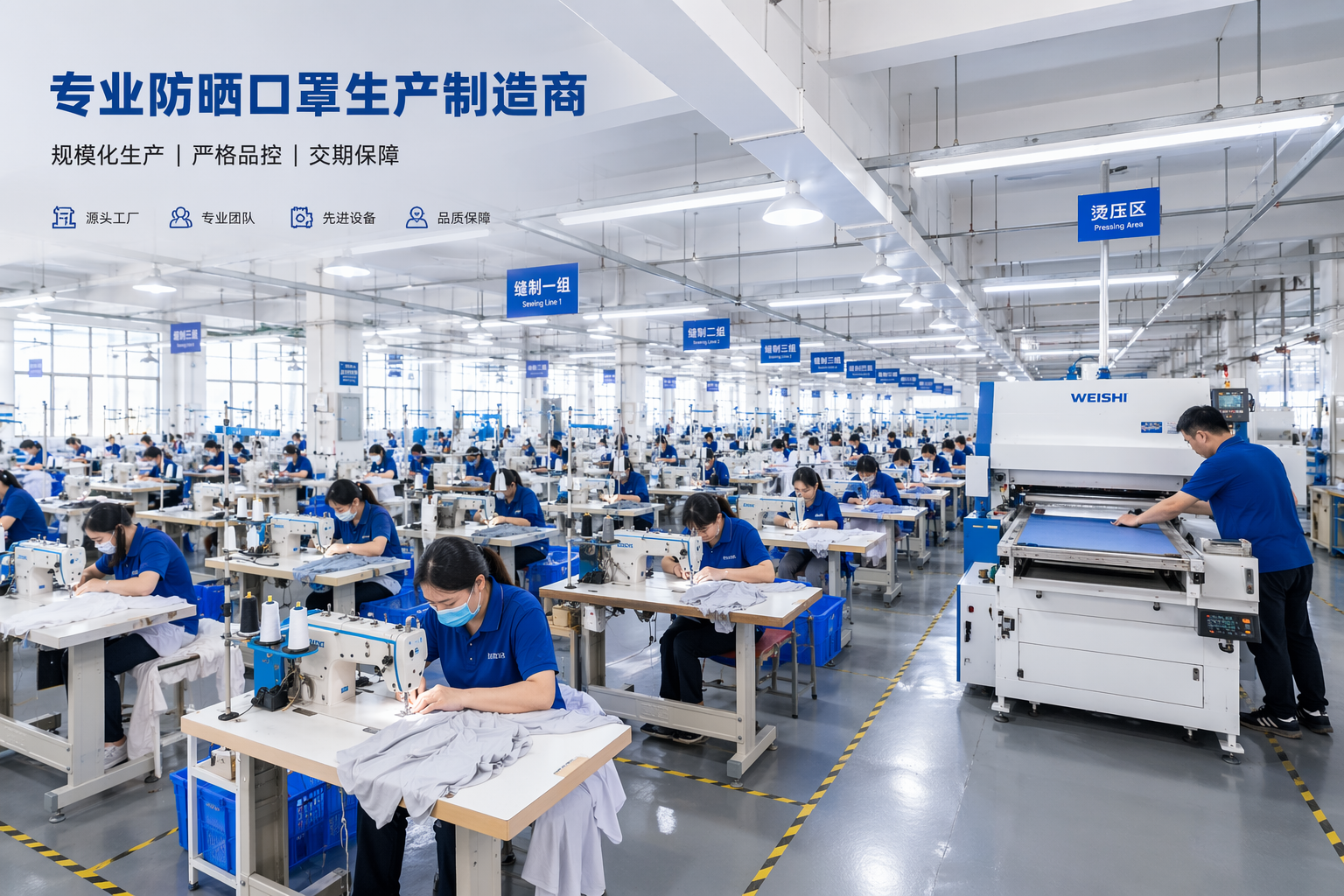义乌市高星服饰有限公司防晒口罩工厂车间实拍：规模化缝制生产线与烫压区